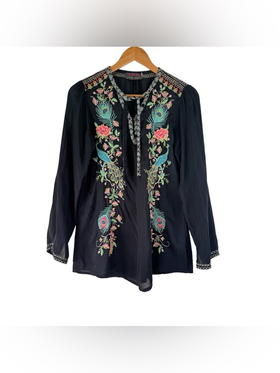 Johnny Was Tops - Johnny Was Women’s heavily embroidered  Peacock Sable tunic Cupra Rayon Small